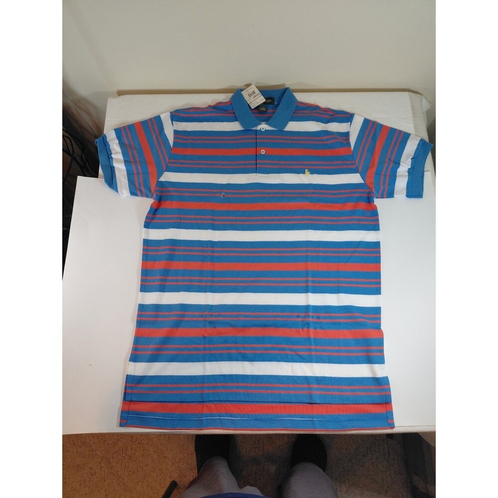 Hunt Club Men's Large L Striped Polo Shirt Blue Orange White 100% Cotton Regular